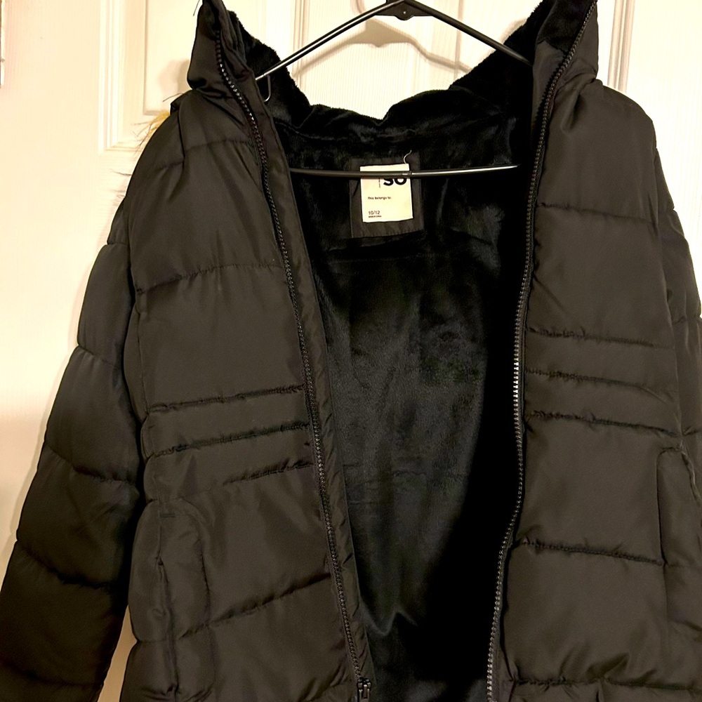 Girls Black Puffer Coat with Removable Faux Fur Hood Trim